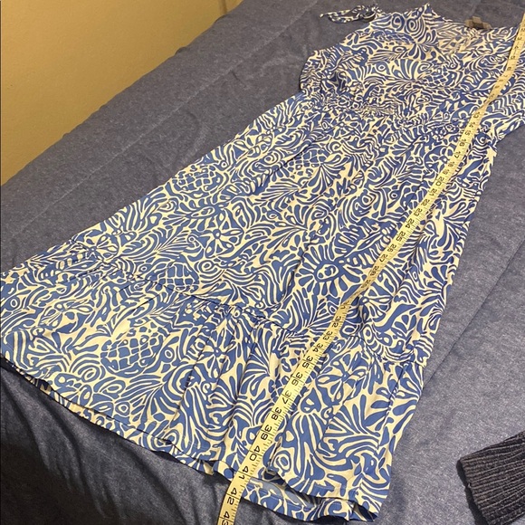 Blue and White Sleeveless V-Neck Midi Sundress - Picture 6 of 8